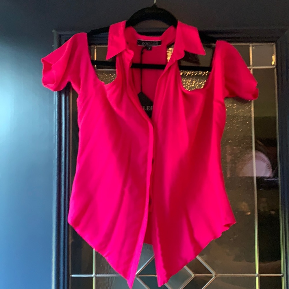 Pink button down cold shoulder shirt